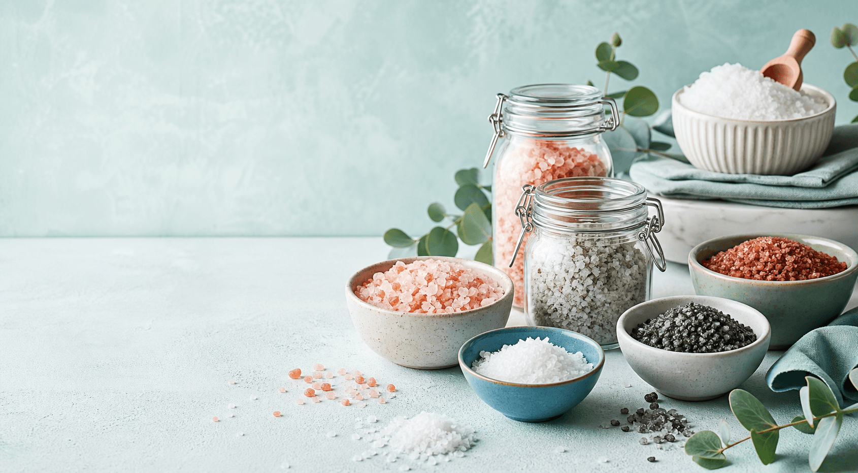 Assorted premium salts arranged in bowls and jars